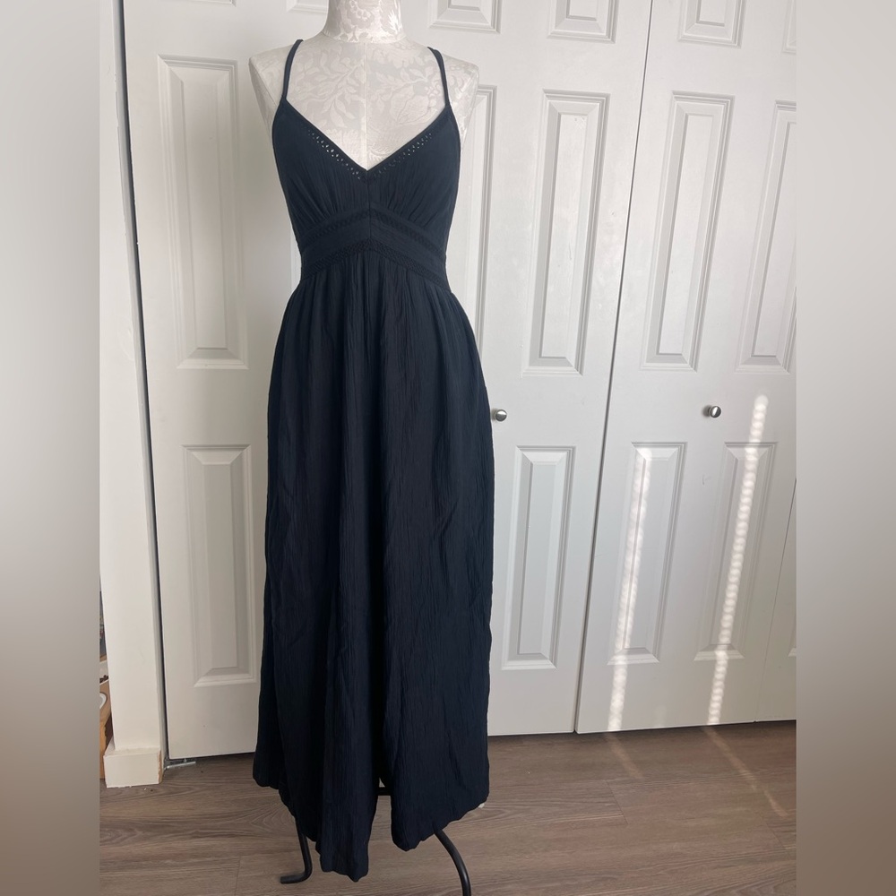 American Eagle Outfitters Black V-Neck Spaghetti Strap Maxi Jumpsuit Romper